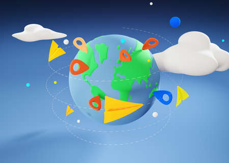 tourism and travel concept - planes fly around the earth on given routes with geotags in the form of...