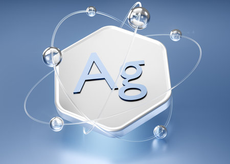 Ag inscription on hexagon, flying atoms and ions. 3d rendering. silver protection concept, antibacterial property.の写真素材