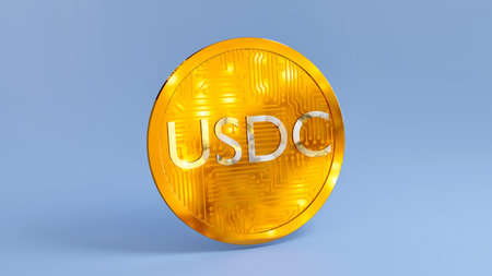 usdc cryptocurrency. gold coin on a blue background close-up. stablecoin 3d renderingの写真素材