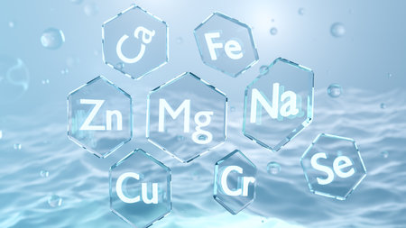 symbols of Essential chemical minerals and microelements - magnesium, iron, potassium, zinc on abstract scientific background, 3d renderingの写真素材