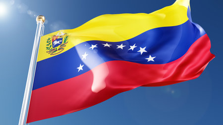 venezuela flag waving in the wind against a blue sky. venezuelan national symbol on flagpole, 3d renderingの写真素材
