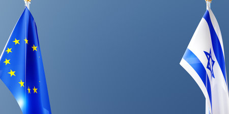 israel and european union flag on a flagpole, 3D image. israeli and uk national symbols of the...
