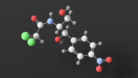chloramphenicol molecule, molecular structure, antibiotic, ball and stick 3d model, structural chemical formula with colored atomsの写真素材