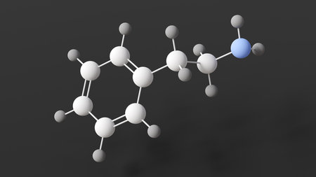 phenethylamine molecule, molecular structure, trace amine, ball and stick 3d model, structural chemical formula with colored atomsの写真素材