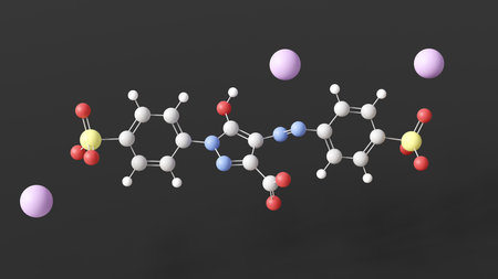 tartrazine molecule, molecular structure, food dye e102, ball and stick 3d model, structural chemical formula with colored atomsの写真素材