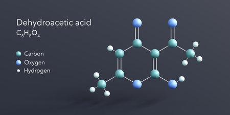dehydroacetic acid molecule 3d rendering, flat molecular structure with chemical formula and atoms color codingの写真素材