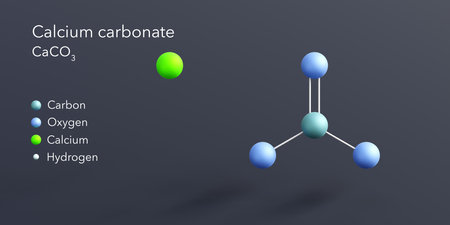 calcium carbonate molecule 3d rendering, flat molecular structure with chemical formula and atoms color codingの写真素材