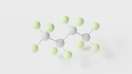 perfluorobutane molecule 3d, molecular structure, ball and stick model, structural chemical formula simple fluorocarbonの写真素材