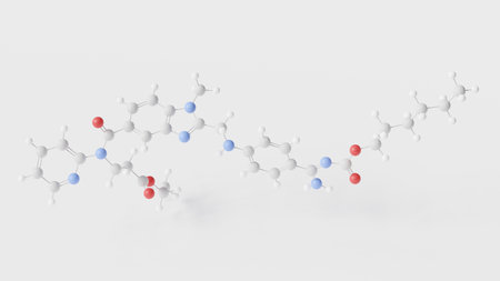 dabigatran molecule 3d, molecular structure, ball and stick model, structural chemical formula...