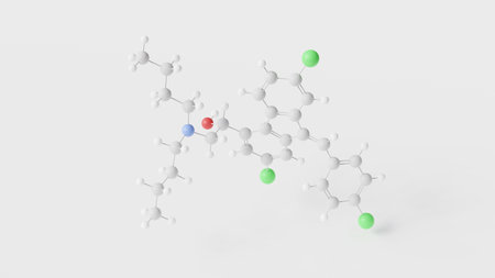 lumefantrine molecule 3d, molecular structure, ball and stick model, structural chemical formula benflumetolの写真素材