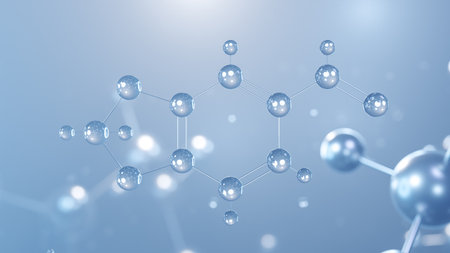 piperonal molecular structure 3d, flat model, aromatic aldehydes, structural chemical formula view from a microscopeの写真素材