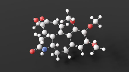 colchicine molecule, molecular structure, antigout agents, ball and stick 3d model, structural chemical formula with colored atomsの写真素材