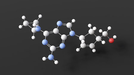 abacavir molecule, molecular structure, hiv nucleoside and nucleotide reverse transcriptase inhibitors, ball and stick 3d model, structural chemical formula with colored atomsの写真素材