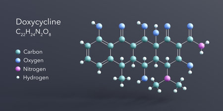 doxycycline molecule 3d rendering, flat molecular structure with chemical formula and atoms color codingの写真素材