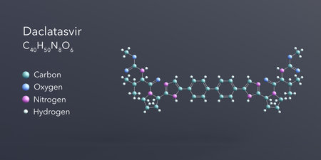 daclatasvir molecule 3d rendering, flat molecular structure with chemical formula and atoms color codingの写真素材