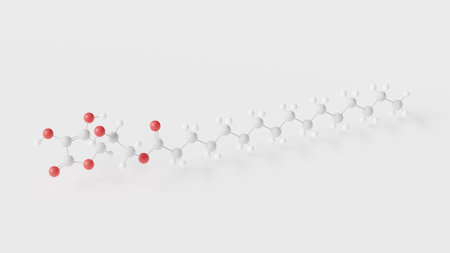 ascorbyl palmitate molecule 3d, molecular structure, ball and stick model, structural chemical formula esterの写真素材