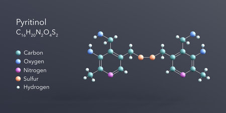 pyritinol molecule 3d rendering, flat molecular structure with chemical formula and atoms color codingの写真素材