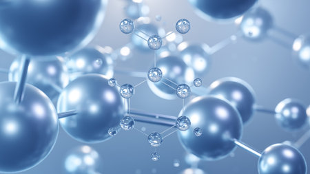 nitrobenzene molecular structure 3d, flat model, nitro solvents, structural chemical formula view from a microscopeの写真素材