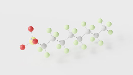 perfluorooctanesulfonic acid molecule 3d, molecular structure, ball and stick model, structural chemical formula pfosの写真素材