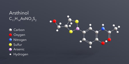 arsthinol molecule 3d rendering, flat molecular structure with chemical formula and atoms color codingの写真素材