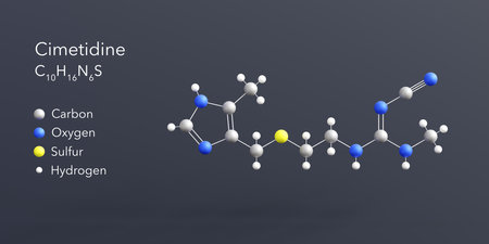 cimetidine molecule 3d rendering, flat molecular structure with chemical formula and atoms color codingの写真素材
