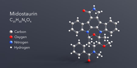 midostaurin molecule 3d rendering, flat molecular structure with chemical formula and atoms color codingの写真素材
