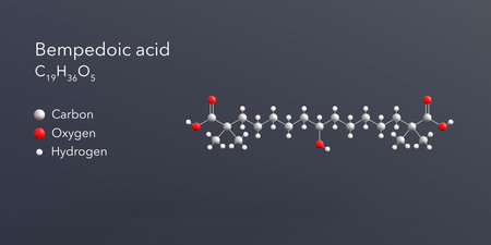 bempedoic acid molecule 3d rendering, flat molecular structure with chemical formula and atoms color codingの写真素材