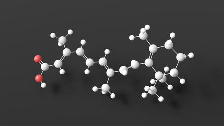 tretinoin molecular structure, all-trans retinoic acid, ball and stick 3d model, structural chemical formula with colored atomsの写真素材