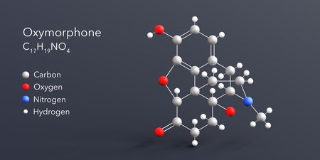 oxymorphone molecule 3d rendering, flat molecular structure with chemical formula and atoms color codingの写真素材