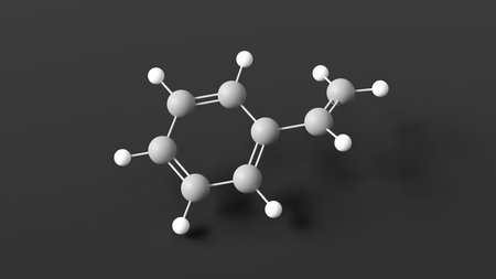 styrene molecular structure, precursor polystyrene, ball and stick 3d model, structural chemical formula with colored atomsの写真素材