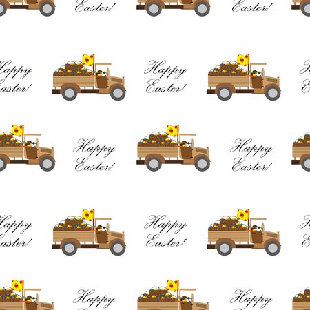 Easter background with a rabbit on a truckのイラスト素材