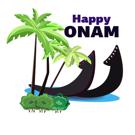 Happy Onam, vector illustration of a boat on the shore of an oasisのイラスト素材