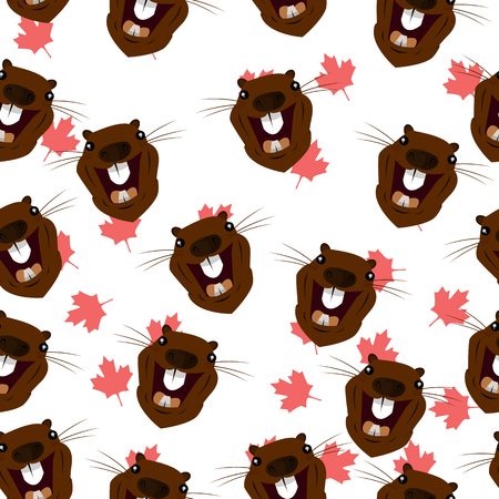 Seamless pattern with the image of the head of a beaver on the background of maple leaves. Vector illustrationのイラスト素材