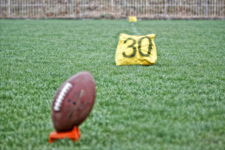 American football ball on the grass, focus backの写真素材
