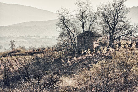 Early morning on countryside  House on the hillの写真素材