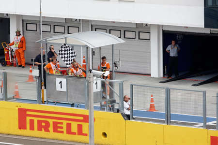 BUDAPEST - July 27: The flag for the finish at the end of the race at Hungaroring International Circuit on July 25-27. 2014 Budapest, Hungaryのeditorial素材
