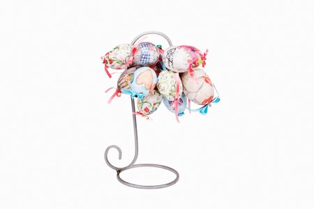 Colorful Easter decoupage eggs, isolated on white backgroundの写真素材