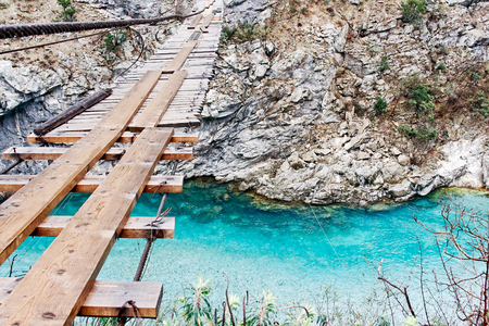 On the way to the Montenegro coast. Wide-angle view of the cable bridge over the canyon of Moracaの写真素材