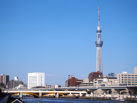Landscape from nearby Sumida River (highway, building, Tokyo Sky Tree)のeditorial素材