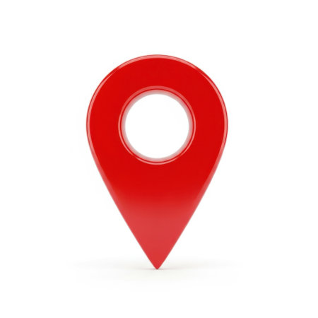 A prominent bright red location pin icon with a glossy finish, symbolizing navigation, mapping, and finding places. Ideal for digital platforms and applications.の素材