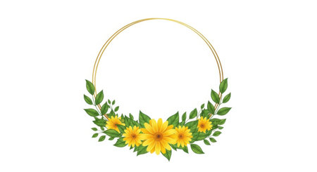 A charming oval wreath adorned with vibrant sunflowers and lush green foliage. Perfect for adding a natural and cheerful touch to invitations, decorations, and creative projects.の素材