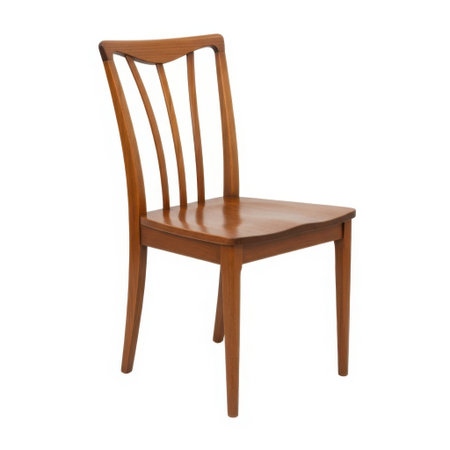 A single, traditional wooden dining chair featuring a comfortably curved slatted backrest and a solid seat. Its warm wood finish adds a timeless appeal to any dining space.の素材