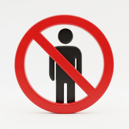 A clear prohibition sign showing a silhouette of a person crossed out by a red diagonal line within a red circle, indicating no entry or forbidden access.の素材
