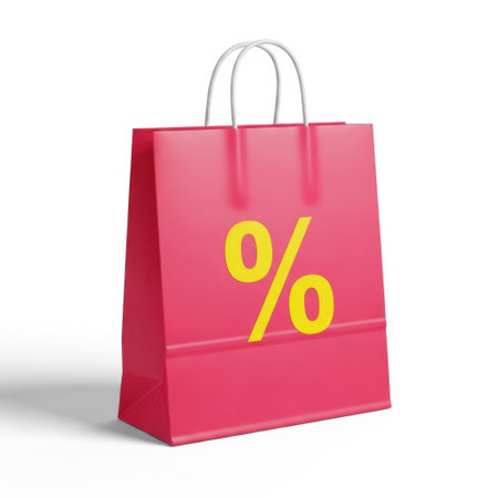 A vibrant red shopping bag features a prominent yellow percentage sign, ideal for representing sales, discounts, and special offers in retail and e-commerce promotions.の素材