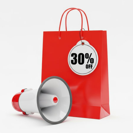 A bright red shopping bag is adorned with a '30% Off' tag, accompanied by a megaphone, symbolizing a special promotion and announcement for shoppers.の素材