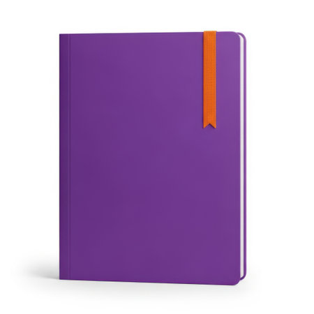 A sleek purple hardcover notebook featuring a vibrant orange ribbon bookmark. This stylish journal is perfect for organizing thoughts, writing stories, or planning your next big idea.の素材