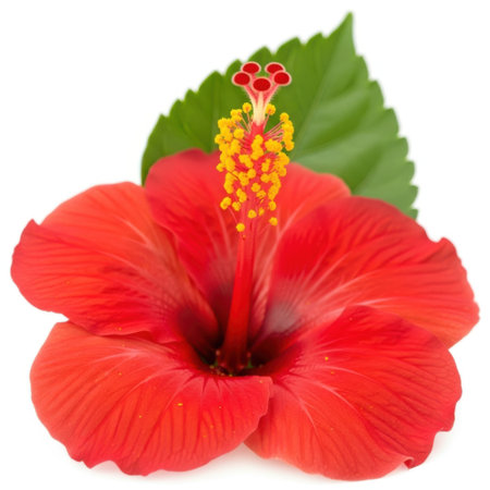 A stunning close-up captures the intricate details of a vibrant red hibiscus flower. Its delicate petals and prominent stamen are showcased alongside a fresh green leaf, highlighting tropical botanical beauty.の素材