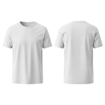 Showcase your apparel designs with this realistic mockup featuring a blank white t-shirt. The image displays both the front and back of the shirt, perfect for product presentations.の素材