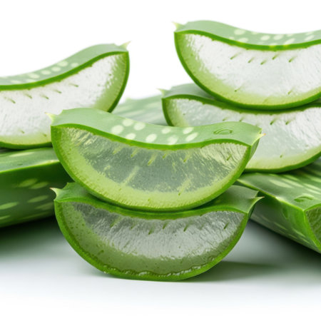 Close-up view of fresh, translucent aloe vera gel slices stacked. This healthy organic ingredient is a popular choice for skincare and natural remedies, showcasing its refreshing texture and vibrant green hue.の素材