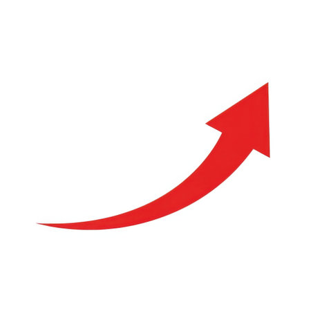 A vibrant red arrow curves upwards, symbolizing progress, advancement, and positive trends. This graphic element conveys momentum and achievement in a clear and impactful visual.の素材